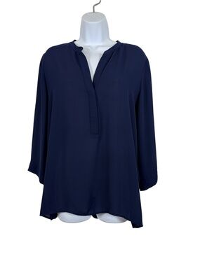 Alice Collection Navy Blue Split Neck Roll Tab Sleeve Tunic Top SzL